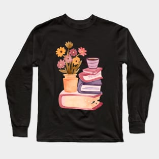 Cute Watercolor Books and Coffee and Flowers Long Sleeve T-Shirt